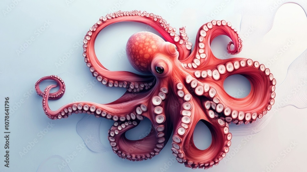A vibrant red octopus with its tentacles curled up against a light blue background.