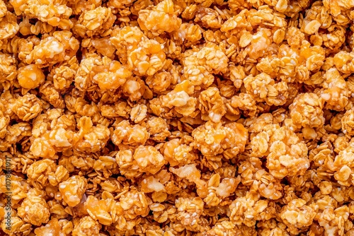 Pile of Crunchy Granola Clusters Close-Up, Emphasizing Golden Crispiness and Nutty Texture in Fresh Clusters. Great for Food Packaging, Recipe Cards, or Snack Content