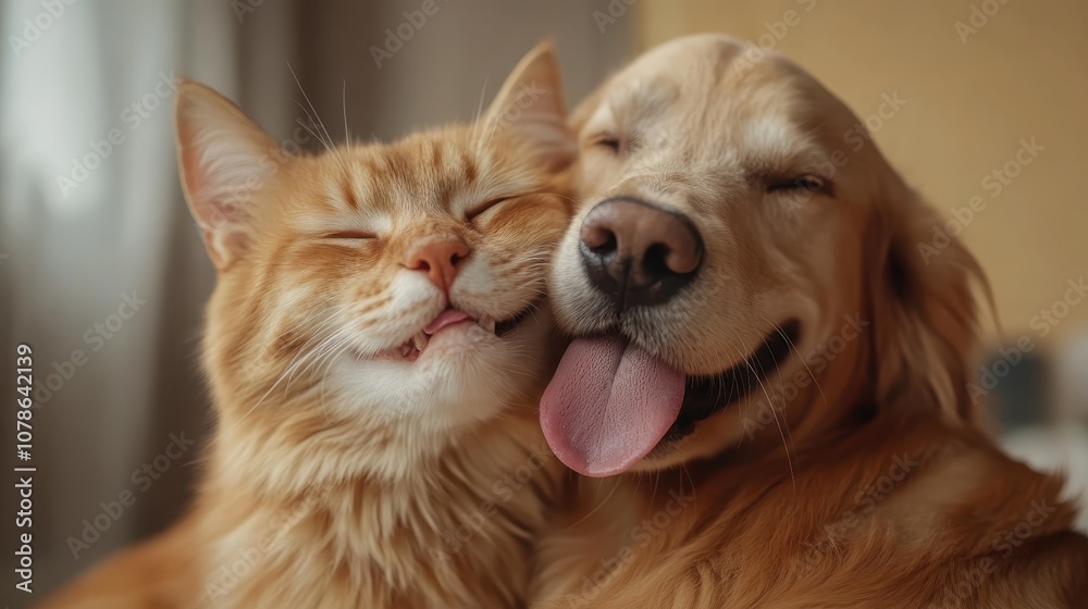 A golden retriever and a fluffy cat share a peaceful snuggle with eyes closed, radiating love and contentment, set against a softly lit backdrop. A golden retriever and a fluffy cat share a peaceful snuggle with eyes closed, radiating love and contentment, set against a softly lit backdrop.