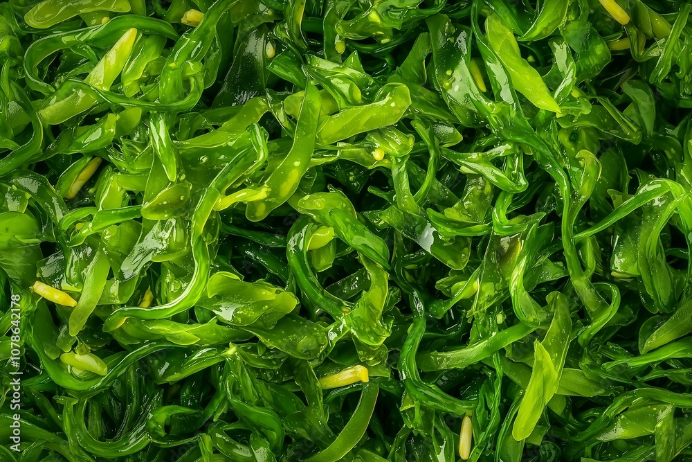 Pile of Green Seaweed Salad with Fine Textures and Moist Surface, Emphasizing Fresh and Edible Quality. Suitable for Recipe Blogs, Vegan Lifestyle Posts, or Nutritional Content Pile of Green Seaweed Salad with Fine Textures and Moist Surface, Emphasizing Fresh and Edible Quality. Suitable for Recipe Blogs, Vegan Lifestyle Posts, or Nutritional Content