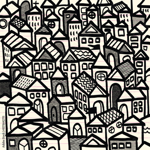 whimsical illustration of densely packed town with various house designs, featuring unique rooftops and windows, creating lively and artistic urban scene