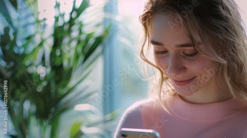 Joyful woman using her phone or typing at home, engaging on social media, texting, or relaxing with mobile technology