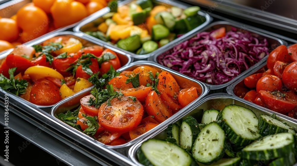 A variety of fresh vegetables including tomatoes, cucumbers, and peppers are artfully arranged in trays, highlighting the abundance and appeal of vibrant natural produce. A variety of fresh vegetables including tomatoes, cucumbers, and peppers are artfully arranged in trays, highlighting the abundance and appeal of vibrant natural produce.