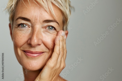 Content mature woman relaxing with her hand on her face against a soft pink background, enjoying a skincare routine