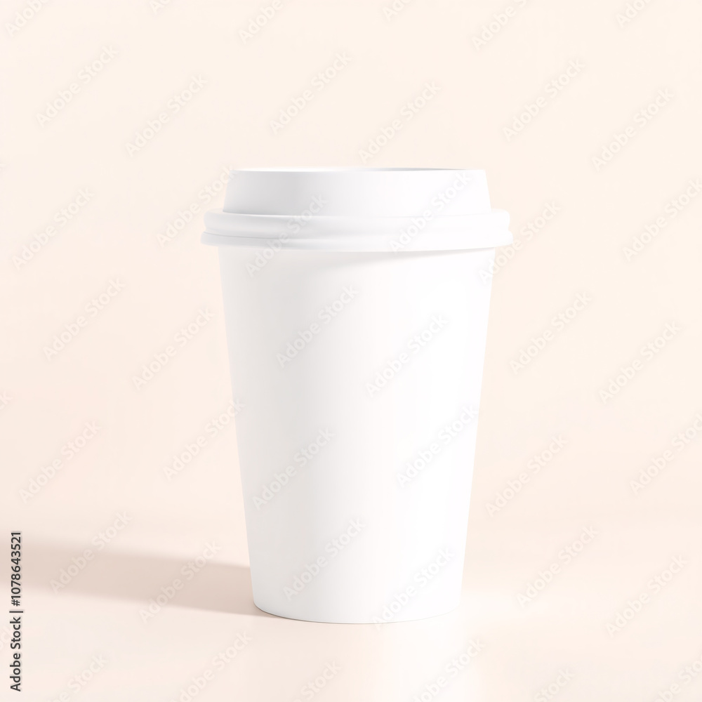 A single white paper coffee cup with a white lid, on a beige background, with soft shadows. A single white paper coffee cup with a white lid, on a beige background, with soft shadows.