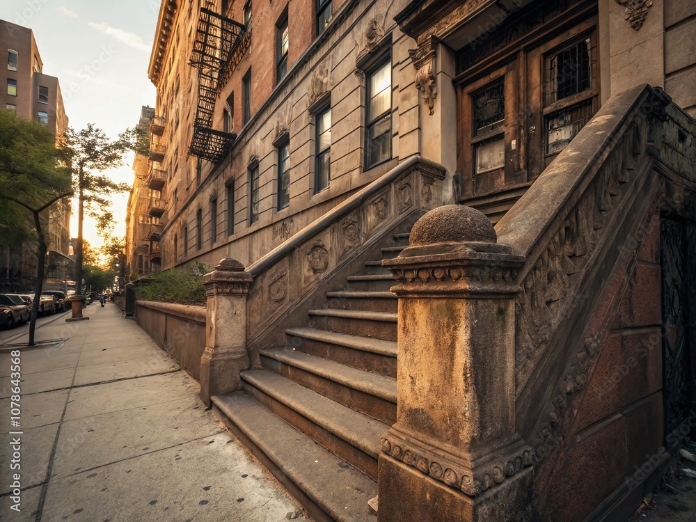 Fototapeta premium Vintage Style Photography of a Concrete Building with Stairs Showcasing Architectural Details and Textures in an Urban Environment