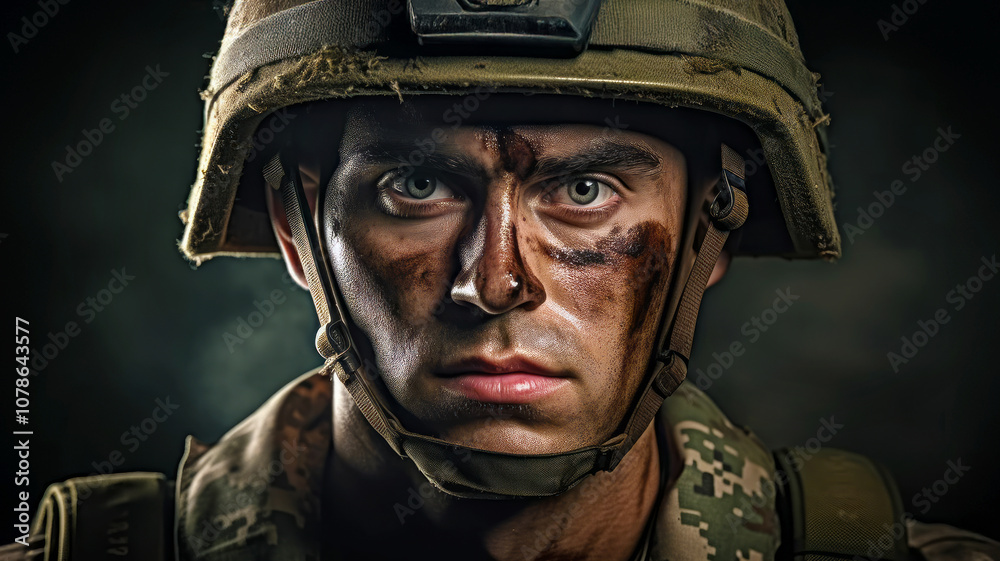 Portrait of young and brave soldier with helmet on head Portrait of young and brave soldier with helmet on head
