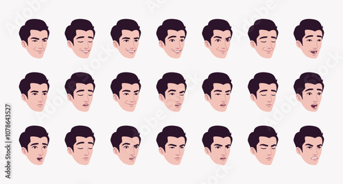 Handsome brunette guy, young businessman, avatar emotions, confident portrait set, leader, founder bundle. Different feelings face icons, player character mood, user pic circles. Vector illustration