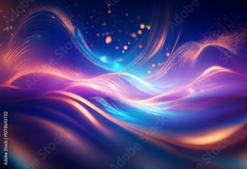 Abstract background with golden and blue glowing lines and blurred bokeh lights.