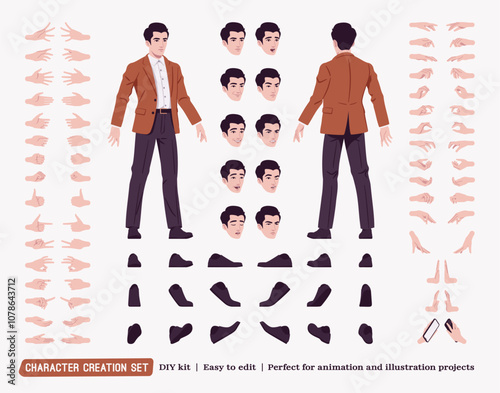 Handsome businessman wearing brown blazer suit jacket guy DIY character creation set, body figure parts, shoes. Head, leg, hand gestures, different emotions, construction kit. Vector illustration