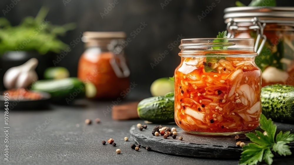 A jar of spicy kimchi featuring vegetables on a dark, rustic tabletop surrounded by fresh cucumbers and herbs, showcasing homemade Korean culinary traditions. A jar of spicy kimchi featuring vegetables on a dark, rustic tabletop surrounded by fresh cucumbers and herbs, showcasing homemade Korean culinary traditions.