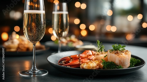 An elegant seafood platter with lobster and fish fillets served alongside sparkling wine glasses, presenting a setting for a luxurious culinary experience. photo