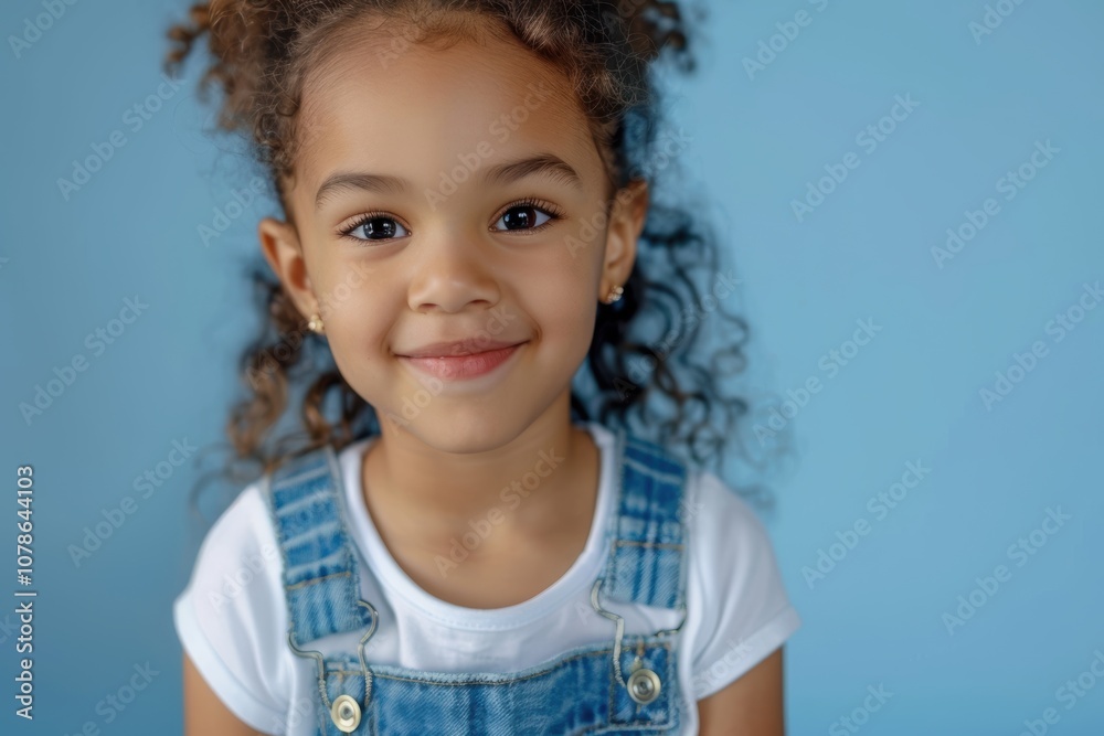 Joyful young girl beaming against a blue backdrop. Happy child dressed casually Joyful young girl beaming against a blue backdrop. Happy child dressed casually