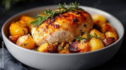 This image highlights a delicious golden baked chicken, garnished with rosemary and served with crispy roasted potatoes arranged expertly in a neutral bowl.