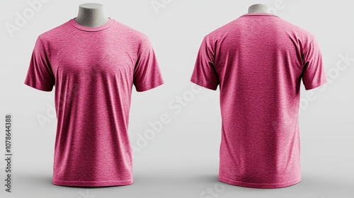 A relaxed, casual men's T-shirt in a heathered pink color displayed on a stand, showcasing the soft texture and casual design from both front and back perspectives. photo