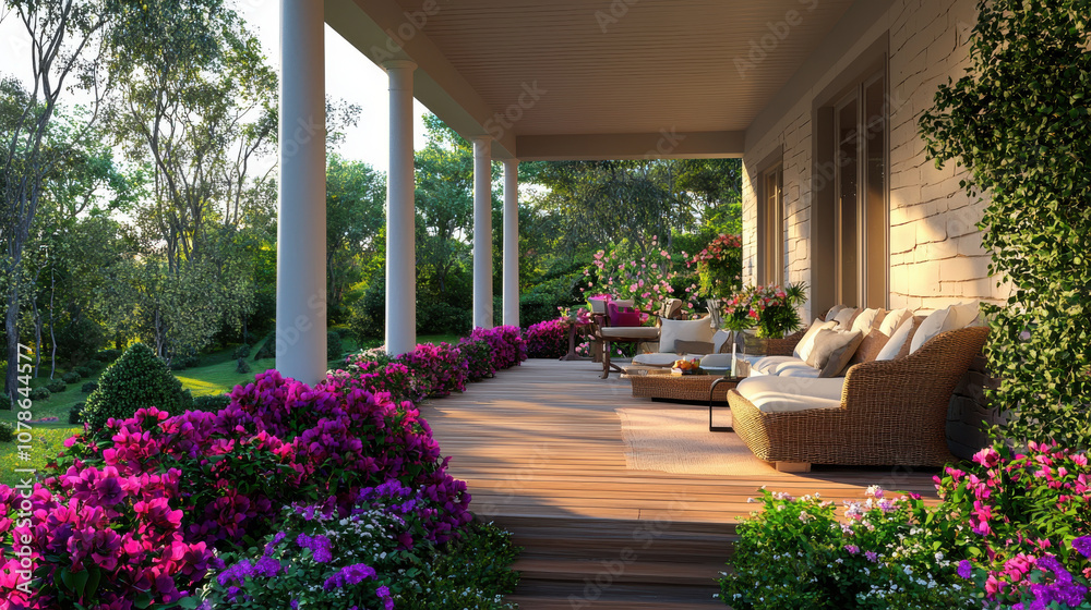 beautiful porch with vibrant flowers and comfortable seating beautiful porch with vibrant flowers and comfortable seating