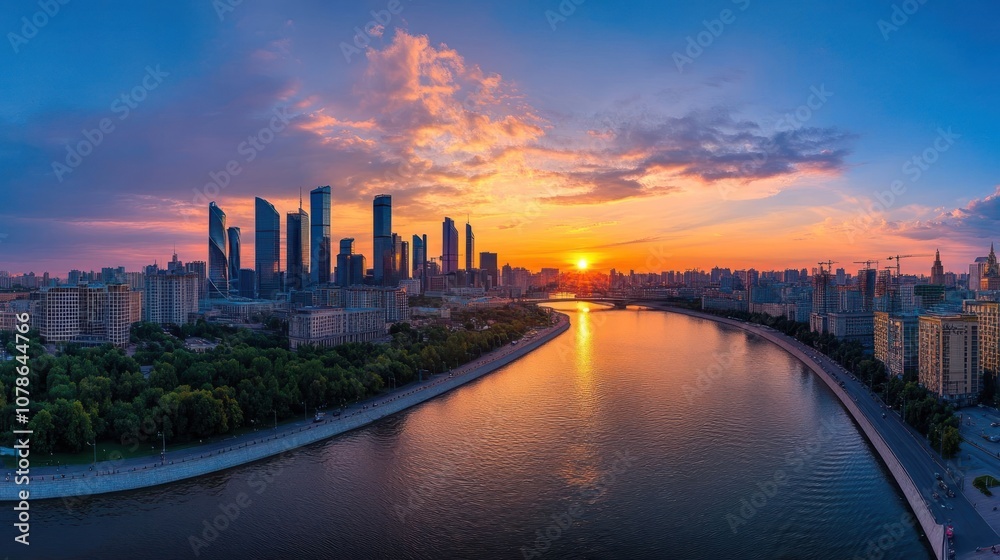 A panoramic aerial view of a modern city skyline with a river winding through it at sunset. The sky is ablaze with vibrant colors, creating a beautiful and dramatic scene. A panoramic aerial view of a modern city skyline with a river winding through it at sunset. The sky is ablaze with vibrant colors, creating a beautiful and dramatic scene.