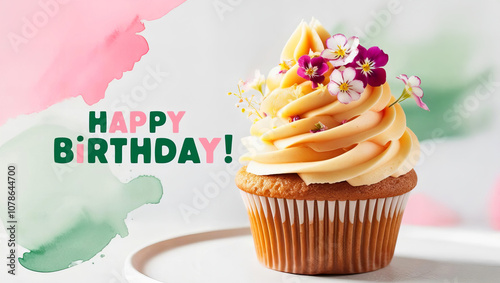 A Floral Birthday Cupcake: A beautiful and delicate cupcake topped with fresh flowers. Happy Birthday. Illustration. Photo. 2