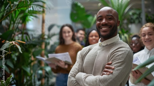Smiling individual with arms crossed in a leadership role, embodying teamwork and collaboration in an office setting. Positive leader engaged in management and team brainstorming