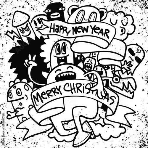 joyful black and white illustration features cartoon characters celebrating with banners that read Happy New Year and Merry Christmas, surrounded by playful doodles