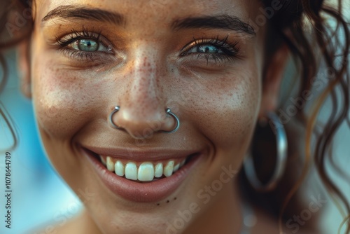 Close-up portrait of a cheerful young woman with a smile, featuring a nosering and teeth, set against a blurred background photo