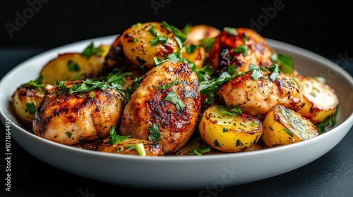 Roasted chicken infused with herbs served with golden potatoes on a rustic plate, capturing a comforting, home-cooked meal made with love and care. photo