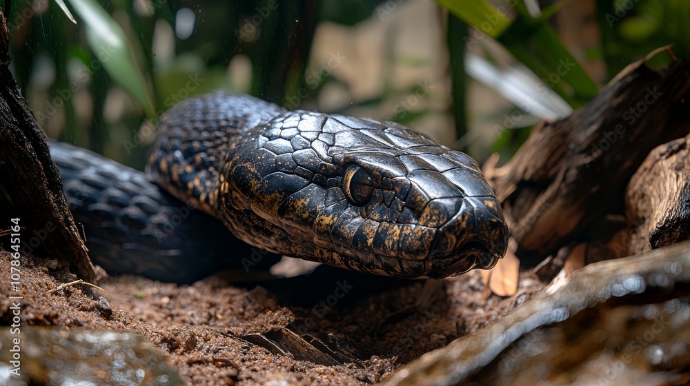 A black snake with yellow markings on its head, looking directly at the camera, with a blurred background of green foliage.