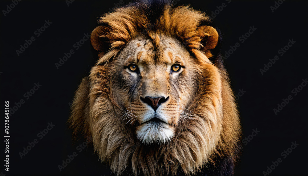 Fototapeta premium A lion stares intently at the camera, its golden mane framing its face against a black background