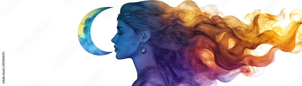 Elegant silhouette of a woman with colorful flowing hair and crescent moon. Elegant silhouette of a woman with colorful flowing hair and crescent moon.