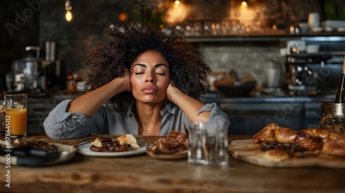 A serene woman, with closed eyes, leans on her hands while sitting at a cafe table loaded with various baked goods, evoking feelings of relaxation and contentment. photo