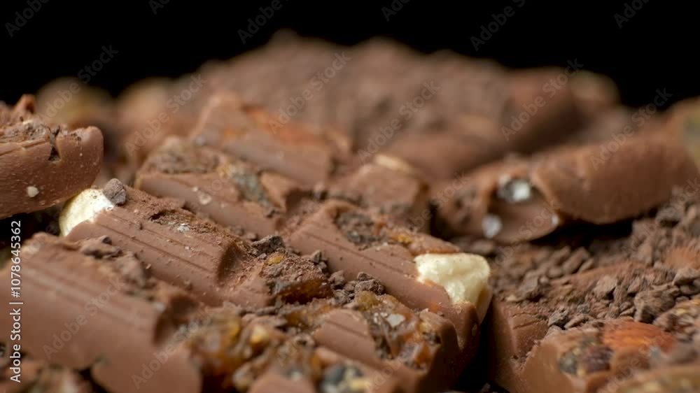 Rotation of broken chocolate bars with nuts and raisins, black background Rotation of broken chocolate bars with nuts and raisins, black background