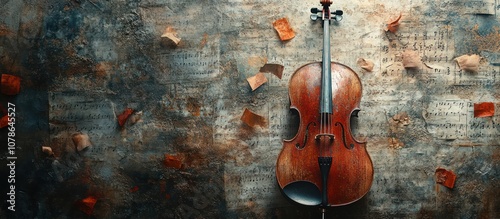 A vintage cello rests on a rustic background with music notes and petals. photo