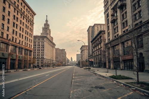 Vintage Style Photography of an Endless Empty Cityscape Evoking Agoraphobia, Capturing a Haunting Atmosphere of Isolation and Abandonment in a Timeless Urban Environment