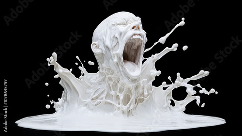This surreal, otherworldly image features a grotesque, monstrous figure with gaping jaws and dripping, melting flesh that creates a chilling, haunting atmosphere.