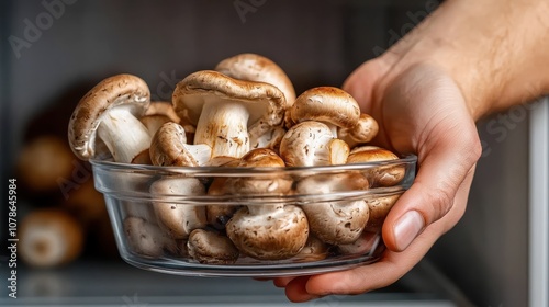 A hand carefully holds a clear glass bowl filled with fresh mushrooms, capturing their natural and unblemished surfaces, ready for cooking or culinary display. photo