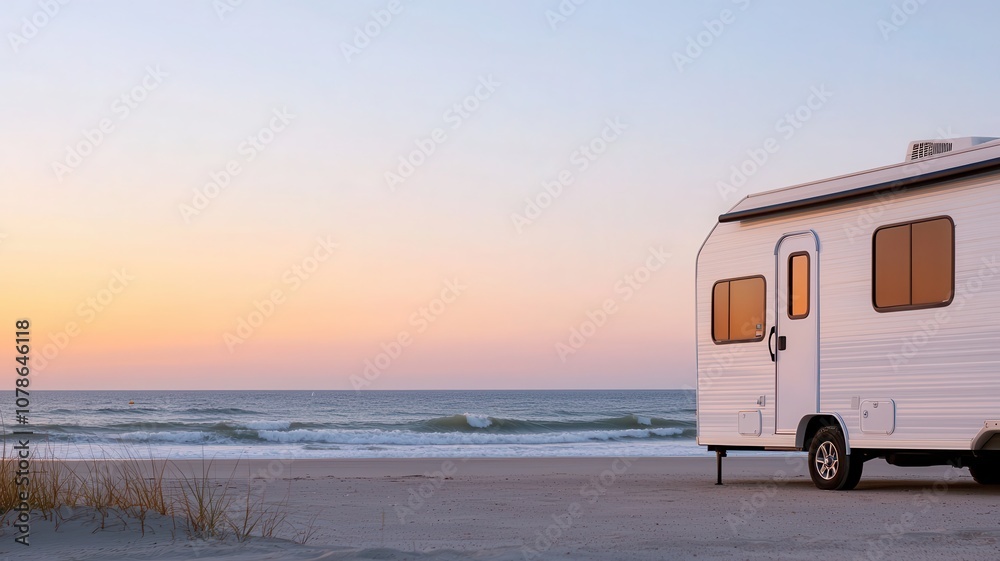A serene beach view with a camper van beside the beautiful ocean at sunset. A serene beach view with a camper van beside the beautiful ocean at sunset.