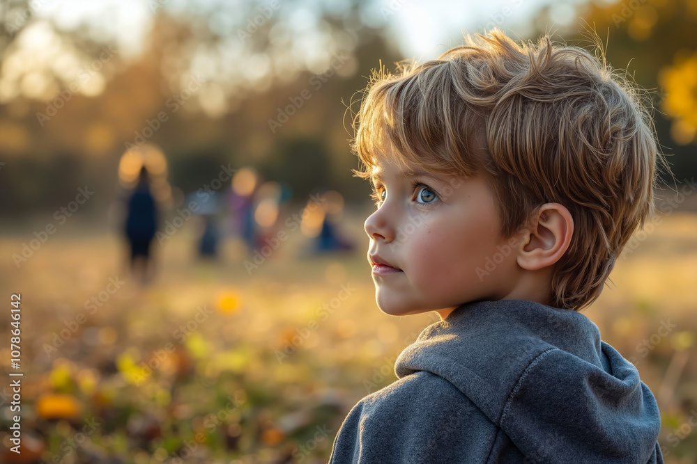 A young boy standing in a field of yellow flowers A young boy standing in a field of yellow flowers
