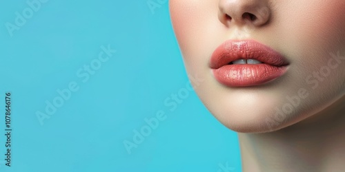 Female model showcasing beauty and skincare featuring lips and aesthetic botox cosmetics against a blue backdrop. Focus on lip filler and facial wellness in a studio setting