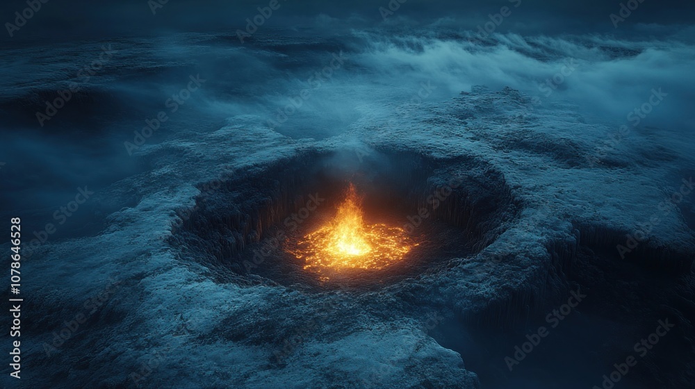 Fototapeta premium Fiery Crater in a Foggy Landscape