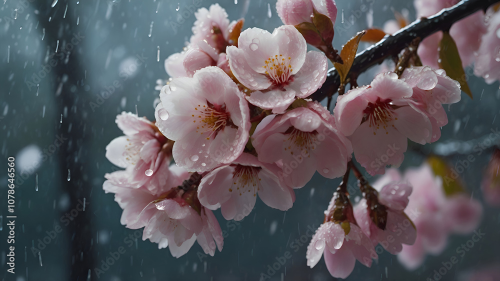 Pink cherry blossom in spring, on rainy day Pink cherry blossom in spring, on rainy day