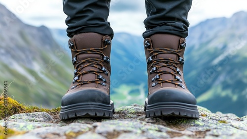 Close-up of hiking boots on rocky terrain with mountains in the background. photo