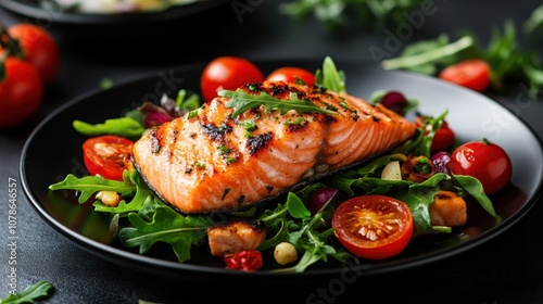 A delectable dish featuring grilled salmon on a bed of mixed greens with cherry tomatoes, providing a delicious and health-conscious option full of flavor and texture.