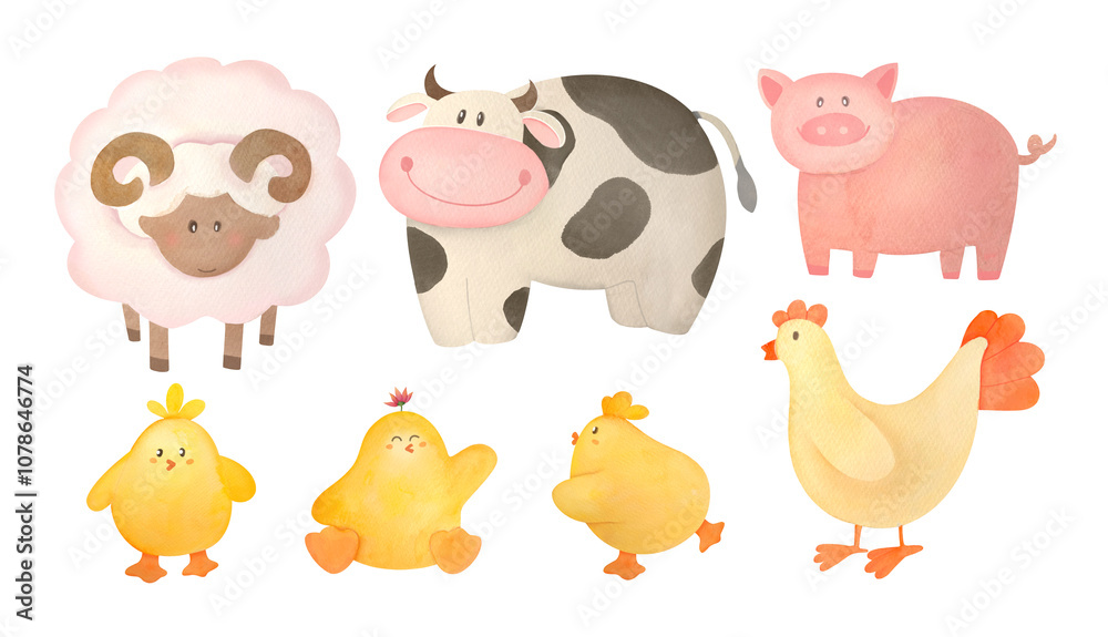 Obraz premium Set of cute farm animals and birds. sheep, cow, chickens, pig collection. hand drawn watercolor illustrations isolated on white background. clip art and cut out element design