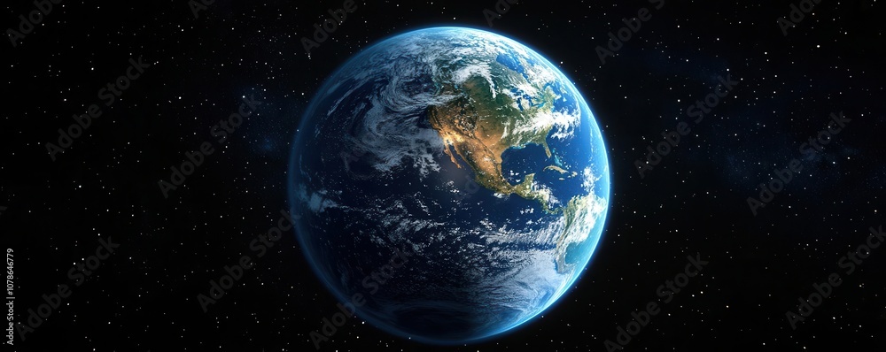 Obraz premium A stunning view of Earth from space, showcasing its blue oceans, landmasses, and the vastness of the starry universe surrounding it.