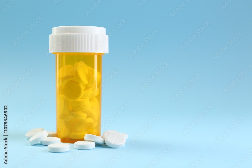 Bottle of antibiotic pills on light blue background, space for text Bottle of antibiotic pills on light blue background, space for text