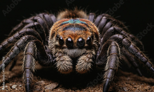 A hairy, brown spider with blue markings stares intensely at the camera photo