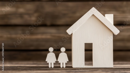 Wooden House Model with Couple Figures on Rustic Background