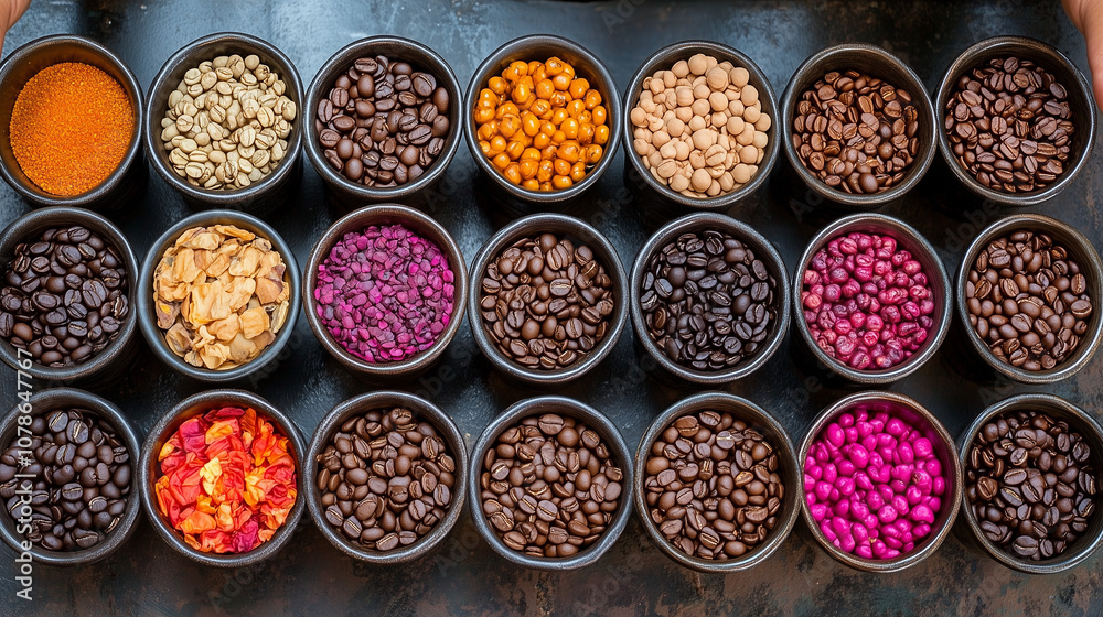 Coffee Bean Variety: An array of coffee beans in various colors and roasts, displayed in small bowls, offering a visual symphony of flavors and aromas. Coffee Bean Variety: An array of coffee beans in various colors and roasts, displayed in small bowls, offering a visual symphony of flavors and aromas.