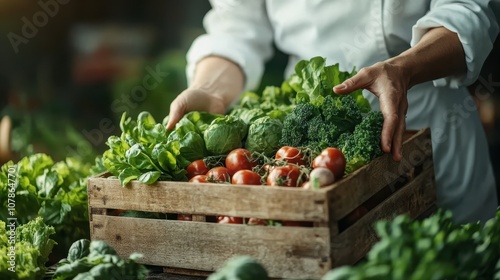 This image shows a person holding a wooden crate filled with fresh vegetables like lettuce, tomatoes, and broccoli, emphasizing natural food and healthy lifestyle. photo