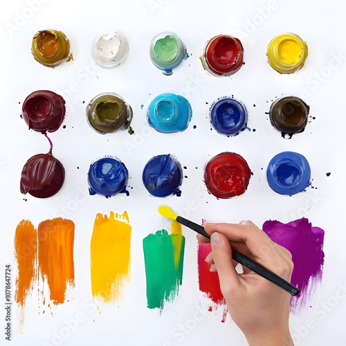 The hand holding the brush is surrounded by bright and varied colors.